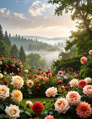 A vibrant garden bursting with colorful roses and dahlias, nestled amidst a misty mountain landscape, showcasing a serene and picturesque scene.