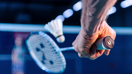 Focus on Racket and Shuttlecock During a Badminton Match.