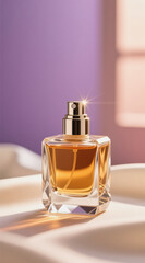 A clear glass perfume bottle with a silver cap and an amber-colored liquid inside sits on a white surface, illuminated by natural light from a window.