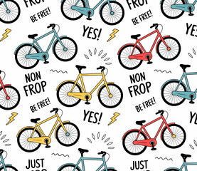 This vibrant and playful design of bicycles with text slogans encapsulates themes of joy, freedom, and adventure, perfect for summer or active lifestyle concepts.
