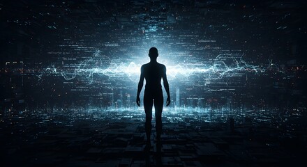 Fototapeta premium Futuristic humanoid AI silhouette before giant glowing data streams. Holographic cityscape, dramatic sci-fi atmosphere, ultra-cinematic 8K style — visionary, bold, next-gen digital frontier.