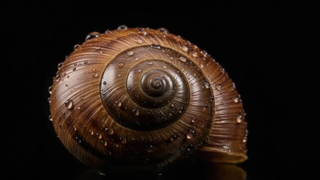 Detailed macro shot of a brown snail shell covered in water droplets against a dark background, showcasing natural patterns.