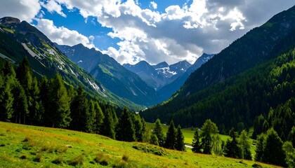 Fototapeta premium Alpine valley bathed in sunlight. Lush green meadows and forests meet towering peaks