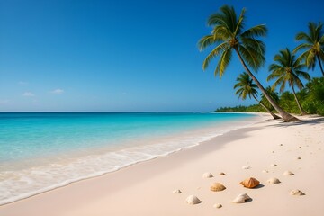 Tropical beach with turquoise crystal clear water, white sand, seashells and palm trees swaying under sunlight, idyllic summer paradise scenery