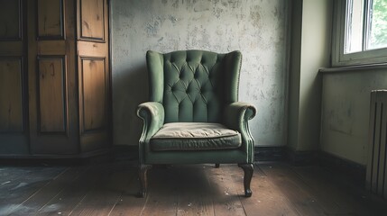 Obraz premium Vintage green armchair in abandoned room interior design and furniture photography old wooden door
