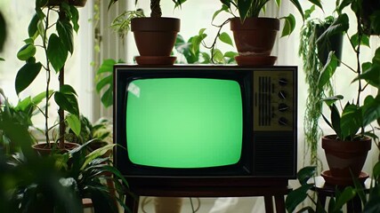 World Television Day Vintage television set with lush green plants surrounding it, creating a nostalgic and cozy atmosphere