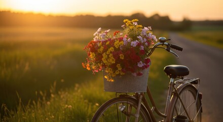 Fototapeta premium A vintage bicycle with a flower basket, parked on a country road at sunset