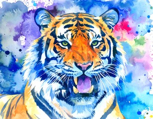 Vibrant watercolor tiger portrait, showcasing bold colors and expressive details.