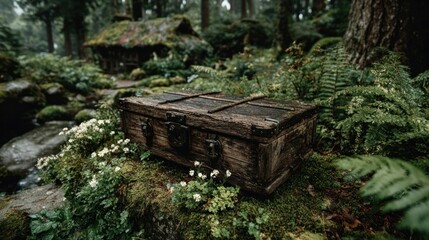 An old wooden box sitting in the center of a forest clearing