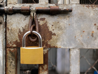  A close-up view of a large, shiny golden padlock, securely fastened on a heavy, old, and rusty prison door. The contrast between the bright, new-looking lock and the decaying, weathered door surface 