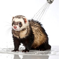 A wet ferret is showered with water, appearing playful and clean.