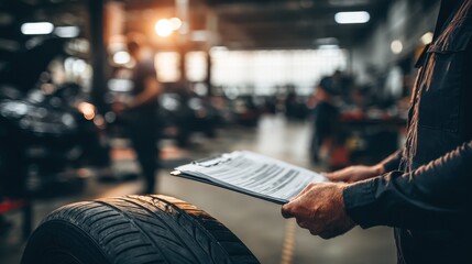 Focused shot of a mechanic holding extended warranty documents near a tire with the surrounding busy workshop softly out of focus.