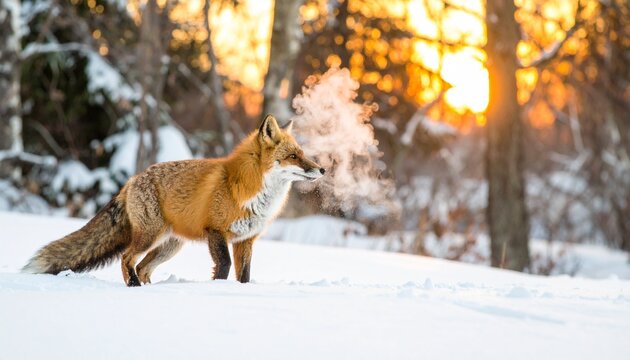 Red fox standing in a snowy forest clearing at sunrise, visible breath in the cold air, captured in sharp detail with realistic textures and glowing winter light - Powered by Adobe