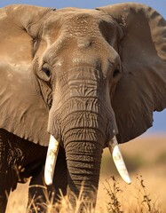 Close-up of an elephant's head, showcasing intricate skin texture and ivory tusks against a backdrop of golden-toned grass.