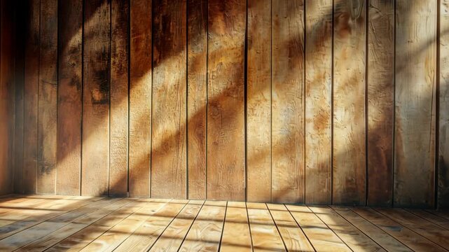 Rustic Wooden Room Interior with Sunlight and Shadow Play.