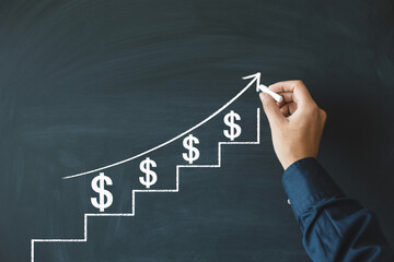 Financial growth chart on chalkboard showing investment and business success with dollar signs drawn up 100