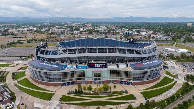 Wide Angle Drone Shot Above Empower Field at Mile High Stadium