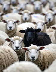 A black sheep stands out amongst a crowd of white sheep, highlighting the concept of individuality and difference.