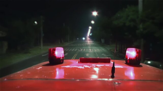 Emergency Vehicle Driving at Night with Flashing Red Lights, Argentina - 4K