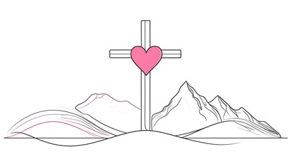 A simple line drawing of a cross with a heart, mountains, and a landscape, conveying peace and faith.