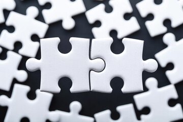 Puzzle pieces connected white jigsaw puzzle teamwork concept solution strategy challenge success 100 characters