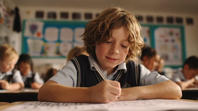 Medium shot of a learner writing characters from a foreign script on paper with classroom posters and blurred peers interacting in the background.
