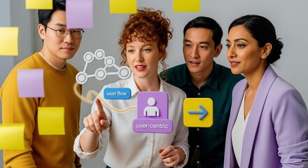 Diverse team plans user-centric strategy on glass wall