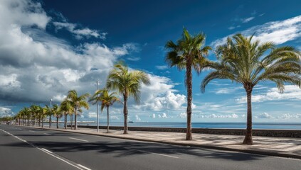 Sun-drenched coastal road lined with palm trees under a partly cloudy sky