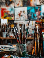 Fototapeta premium Colorful Art Studio: Paint Brushes, Supplies, and Creative Workspace for Vibrant Artistic Expression