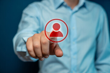 Man pointing at profile icon for social media networking and human resources management concept design