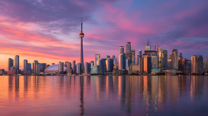 Toronto skyline at sunset, reflecting in calm water, showcasing iconic CN Tower.