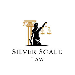 Logo design for Silver Scale Law. Features Lady Justice, scales, and a pillar.