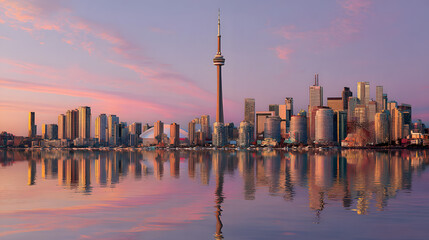 Toronto skyline at sunrise, reflected in calm water, showcasing city buildings and CN Tower.