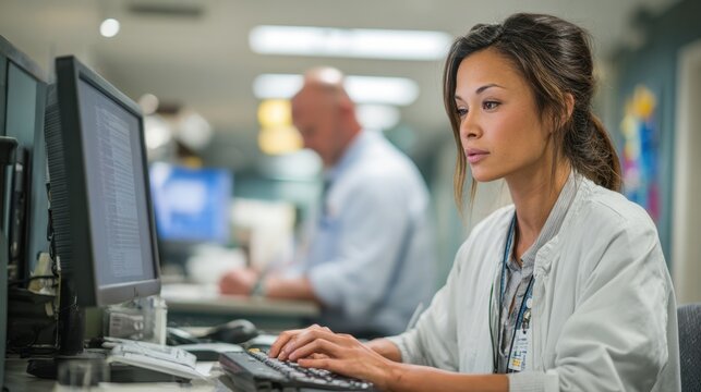 Focused medium shot of a CDI specialist typing queries into an electronic health record system with a softly outoffocus coworker reviewing files behind.