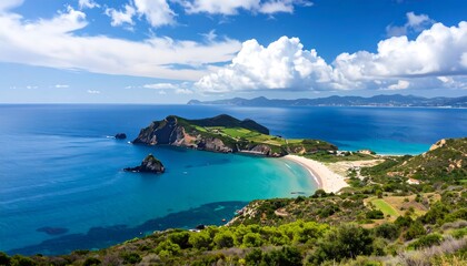 Panoramic view of a secluded bay with a pristine sandy beach bathed in vibrant sunlight.