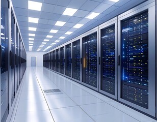 A server room with rows of data storage racks, illuminated by bright ceiling lights, creating a clean and modern technological environment.