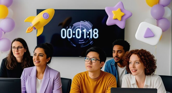 Diverse business team launch startup and watches timer in modern office meeting