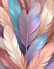 Fototapeta premium A close-up view of various pastel-toned feathers, showcasing a mix of soft pinks, blues, and beiges. The image's aesthetic is vibrant, yet calm.