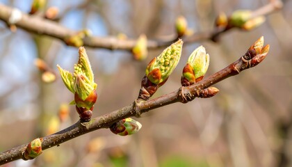 Close-up view of delicate spring buds emerging on a branch, showcasing the vibrant green and light brown hues of the early springtime.