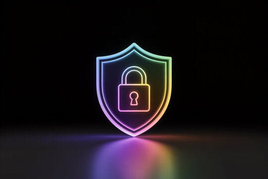 Colorful neon shield with padlock for cybersecurity and data protection concept illustration for web security