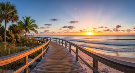 Obraz premium Sunrise boardwalk on a tropical beach