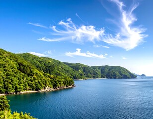 Coastal landscape with vibrant green hills and clear blue water