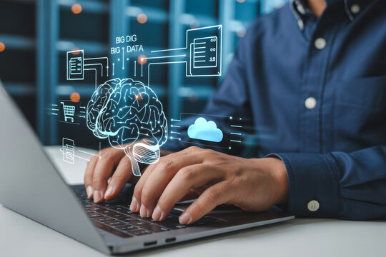 Artificial intelligence and big data concept man typing on laptop ai brain cloud computing technology
