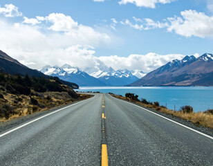 Fototapeta premium Scenic road leading to snow-capped mountains by a beautiful blue lake, under a cloudy sky. Ideal for nature, travel, and adventure concepts.