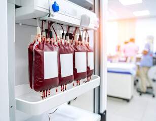 Rows of blood bags ready for transfusion in a hospital, with blurred medical staff in the background. Essential for healthcare, donation, and life-saving treatments.