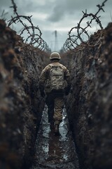 Soldier walking through muddy trench lined with barbed wire under cloudy sky, symbolizing war, military, conflict, survival, and harsh battlefield conditions in dramatic scene