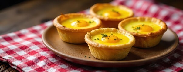 Warm egg tarts cooling on a checkered tablecloth, tablecloth, yolk