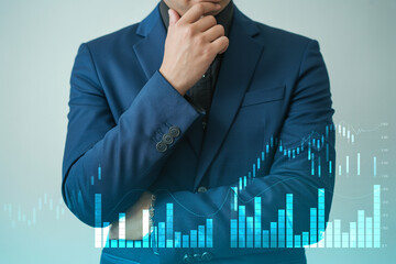 Stock market analysis by businessman in suit with financial graph overlay for investment insights