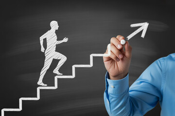 Career growth and success concept drawing climbing stairs with arrow showing business development concept 100
