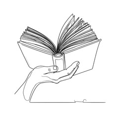 A hand holds an open book, showcasing the intricate details of its pages in a single line drawing.